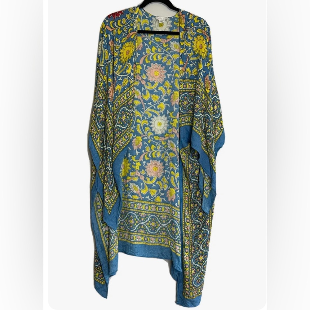 Free People Blue Yellow Red Floral Kimono One Size Fits Most Oversized Long [A5]